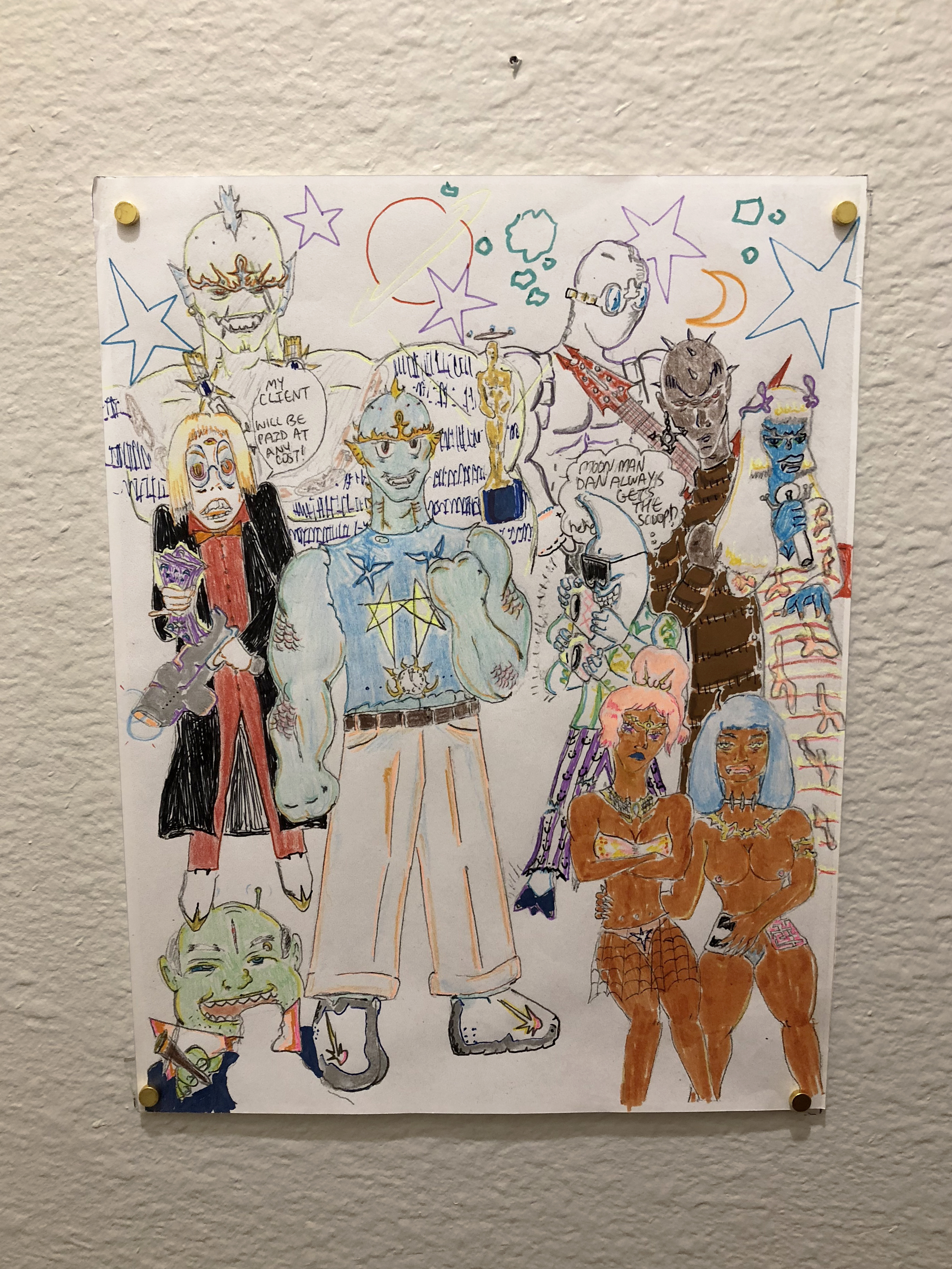 Colorful comic book style drawing with multiple figures on white paper hung on a white wall